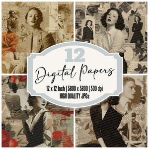 Paquete de 12 papeles de diario basura clásicos de la década de 1940, collage vintage, textura sepia, archivos JPG de alta calidad, descarga de álbumes de recortes