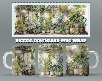 Watercolor Plants Mug Wrap PNG, 11oz & 15 Oz Plants Mug Sublimation Design, Indoor House Plant Mug Sublimation, 11oz Mug Png, 15oz Mug