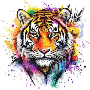 Puede incluir: Ilustración vibrante a la acuarela de la cara de un tigre. El tigre presenta rayas naranjas, amarillas y negras, con una nariz rosada y ojos amarillos penetrantes. Salpicaduras de colores arcoíris rodean la cabeza del tigre.