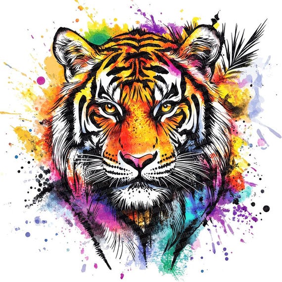 Tiger PNG Clip Art, 12x Watercolor Splatter Tiger Clipart PNG Set, Printable Jungle Animal Clip Art, Paper Crafts, PNG Digital Download