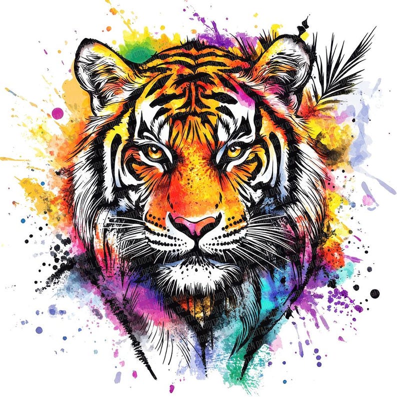 May include: A vibrant watercolor illustration of a tiger's face. The tiger features orange, yellow, and black stripes, with a pink nose and piercing yellow eyes. Splashes of rainbow colors surround the tiger's head, creating a dynamic and artistic effect.