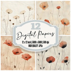12x Poppy Blossom Whisper Junk Journal Paper Soft Coral e Bege Poppy Flowers Vintage Floral Design JPGs de alta qualidade Papel para impressão