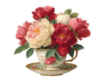 Imágenes prediseñadas PNG de taza de té, conjunto de 12 imágenes prediseñadas florales de rosas y peonías, arte imprimible en acuarela, imágenes prediseñadas de taza de té vintage, PNG transparente, descarga digital
