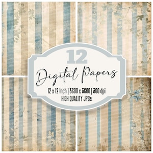 12x Shabby Chic Striped Digital Paper, Vintage Floral Junk Journal Pack, High Quality JPGs, Printable Paper, Digital Download, Pastel Blue