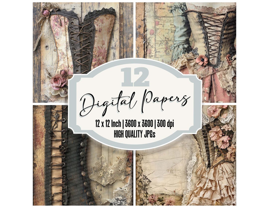 12x Corset Lace Junk Journal Paper Victorian Brocade Digital Paper Pack ...