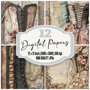 12x Corset Lace Junk Journal Paper Victorian Brocade Digital Paper Pack High Quality JPGs Shabby Chic Scrapbook Paper Download