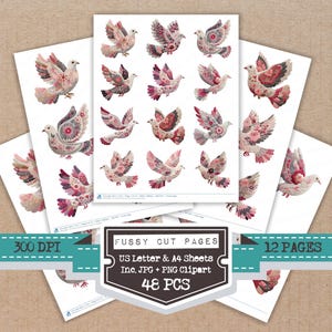 May include: Sheets of paper featuring watercolor illustrations of doves in flight, with pink, red, and gray floral patterns. The image includes text that reads "Fussy Cut Pages", "US Letter & A4 Sheets", "Inc. JPG + PNG Clipart", "48 PCS", "12 PAGES", and "300 DPI".