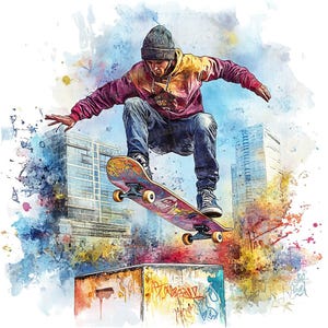 Skateboarder Clip Art, 12x Aquarell Skateboard Clipart, druckbare Extremsportarten Clip Art, Papierkunst, digitaler Download, Skater