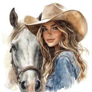 Cowgirl et cheval Clip Art, 12 x Clipart femme Western, aquarelle country girl avec cheval, téléchargement numérique, décoration rustique, scrapbooking