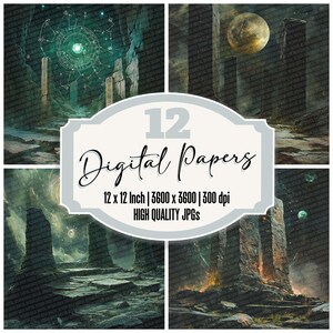 Paquete de 12 papeles digitales con glifos de diario basura de ruinas celestiales, archivos JPG de alta calidad, textura de templo antiguo, fondo de álbum de recortes de portal estelar.