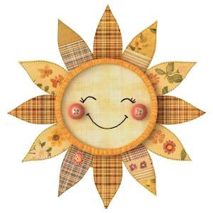 May include: A cheerful, handcrafted sun design with a smiling face. The sun features a light yellow center with a stitched orange border. The petals are a mix of patterned fabrics in shades of yellow, orange, and brown. Pink button accents serve as cheeks.