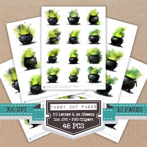 Puede incluir: Hojas de papel con ilustraciones de acuarela de calderos negros con humo verde. La imagen incluye el texto "Fussy Cut Pages", "US Letter & A4 Sheets", "Inc. JPG + PNG Clipart" y "48 PCS". La imagen está etiquetada como "300 DPI" y "12 PAGES".