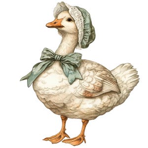 May include: A watercolor illustration of a goose wearing a bonnet and a bow. The goose has white feathers with brown accents, orange feet and beak, and a teal-colored bow and bonnet. The bonnet is trimmed with lace.