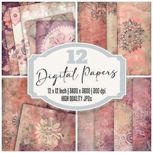 12 Vintage Mandala Digital Paper, Coral Pink Junk Journal Paper Pack, Boho Floral Backgrounds, High Quality JPGs, Printable,Digital Download