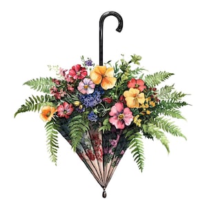 Umbrella Planter PNG Clipart, 12x Hanging Flower Umbrella Clip Art Set, Printable Watercolor PNG, Digital Download, Paper Crafts