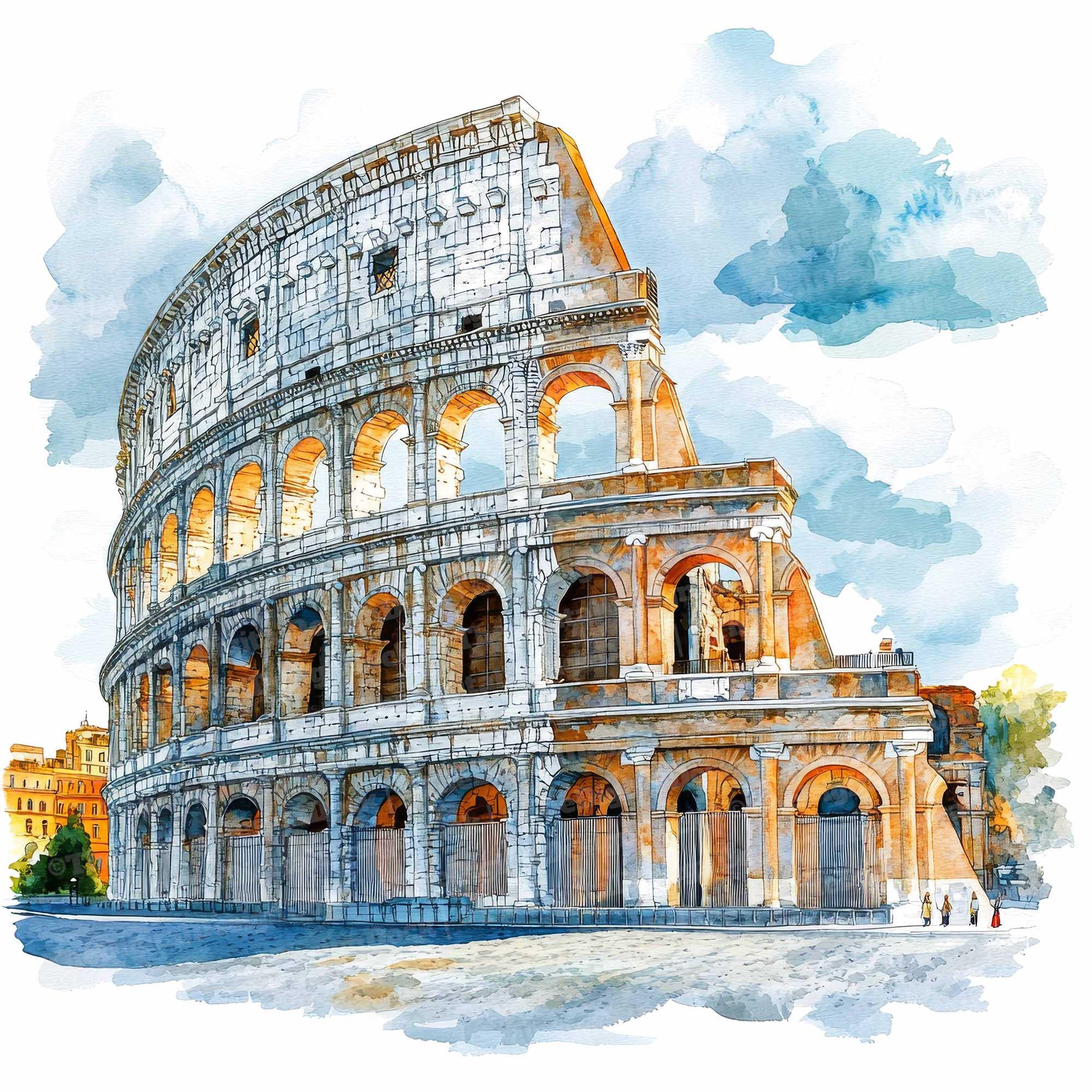 12 コロッセオ クリップアート、水彩画のローマのランドマーク、印刷