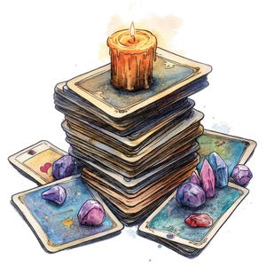 May include: A stack of tarot cards with a lit candle on top, surrounded by purple and pink crystals. The cards are decorated with a watercolor design.
