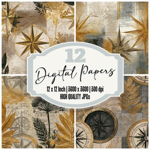 12er-Pack nahtloses Gravur-Kompass-Junk-Journal-Papier, Karten, Navigation, digitales Papierpaket mit botanischer Blattstruktur, Scrapbook-Papier, digitaler Download