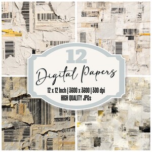 May include: A collection of digital papers with a distressed, vintage aesthetic. The papers feature torn edges, barcode elements, and faded colours. The image includes the text "12 Digital Papers" and dimensions of 30.48 x 30.48 cm.