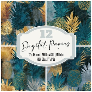 Könnte beinhalten: Eine Sammlung von 12 digitalen Papieren mit Ananasmustern in Blaugrün, Dunkelblau und Gold. Der zentrale Text lautet 12 Digital Papers, 12 x 12 Inch | 3600 x 3600 | 300 dpi, HIGH QUALITY JPGs. Die Designs zeigen texturierte Fruchtmotive.
