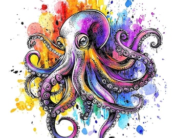 Octopus PNG Clip Art, 12x Watercolor Splatter Octopus Clipart PNG Set, Printable Ocean Animal Clip Art, Paper Crafts, PNG Digital Download