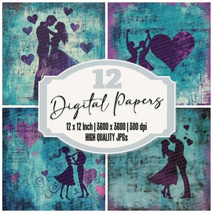 12x Carta da giornale digitale con ritmo del cuore e danza, ballerini romantici, note musicali, texture, JPG di alta qualità, carta stampabile