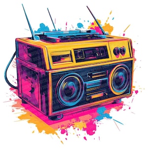 Retro Boombox PNG Clipart, 12x Colorful Vintage Radio Illustrations,Printable Clip Art Set,Digital Download,Paper Crafts,Junk Journal Bundle
