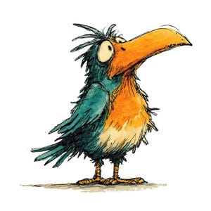 May include: A whimsical watercolor illustration of a bird with a large orange beak and expressive eyes. The bird's feathers are a mix of teal, orange, and cream colors, with a slightly disheveled appearance. The bird is standing on two yellow feet.