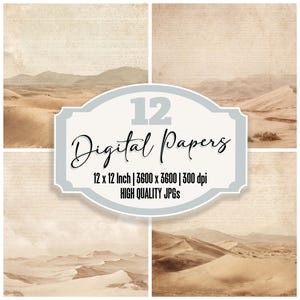 May include: A collage of four digital papers with a desert landscape theme. The papers have a sepia tone and feature sand dunes and mountains. The image includes a central label that reads "12 Digital Papers" and details about the paper size and quality.