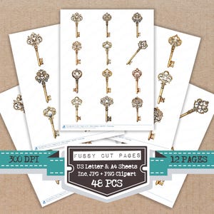 May include: Several sheets of paper with vintage key illustrations. The keys are in various designs and shades of gold. The image includes text that reads "Fussy Cut Pages", "US Letter & A4 Sheets", "Inc. JPG + PNG Clipart", "48 PCS", "12 PAGES", and "300 DPI".