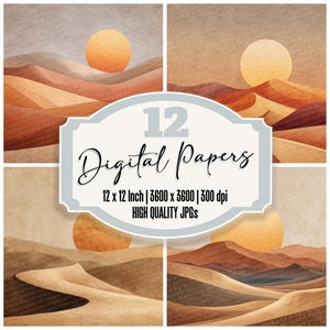 May include: A digital art print featuring four panels of a desert landscape with a warm color palette. Each panel depicts rolling sand dunes, a setting sun, and a neutral sky. The central graphic reads "12 Digital Papers" with dimensions and resolution details.