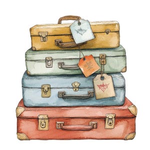 Valise PNG Clipart, 12 x bagages vintage empilés Clip Art ensemble, clipart aquarelle imprimable, travaux manuels en papier, lot de journaux indésirables