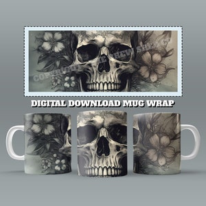 Skull Mug Wrap, 11oz & 15 Oz Mug Sublimation Design, Hand Drawn Skulls Mug Wrap, Skull Tattoo Mug Sublimation, 11oz Mug Png, 15oz Mug PNG