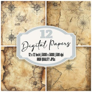 Aged Map & Compass Junk Journal Paper Pack, 12x Vintage Digital Paper, Nautical Cartography Texture, High Quality JPGs, Digital Download
