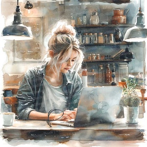Working Women Clipart, 12 JPGs, Cafe Laptop Clipart, Printable Watercolor Clipart, Wall Art, Paper Crafts, Digital Download, Junk Journals