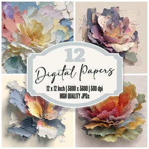 12 fogli di carta da giornale strappati con motivi floreali, color crema pastello, carta digitale, JPG di alta qualità, carta per scrapbooking con fiori strutturati, download digitale