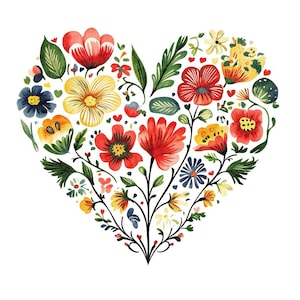 Puede incluir: Una pintura de acuarela de un arreglo de flores coloridas en forma de coraz&oacute;n. Las flores son rojas, amarillas, azules, verdes y blancas. Las flores est&aacute;n dispuestas en forma de coraz&oacute;n y est&aacute;n rodeadas de hojas verdes.