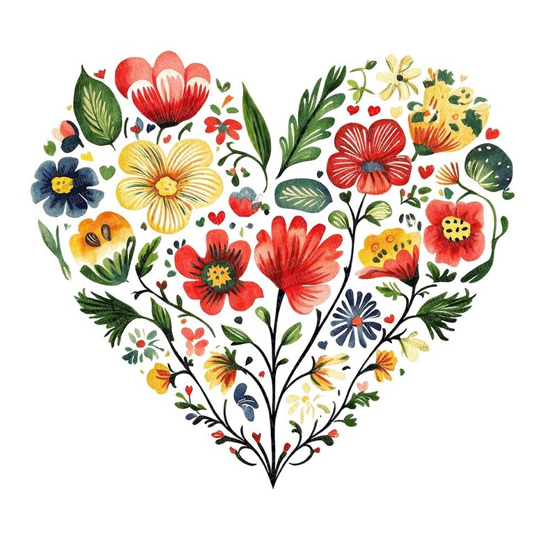 Puede incluir: Una pintura de acuarela de un arreglo de flores coloridas en forma de coraz&oacute;n. Las flores son rojas, amarillas, azules, verdes y blancas. Las flores est&aacute;n dispuestas en forma de coraz&oacute;n y est&aacute;n rodeadas de hojas verdes.