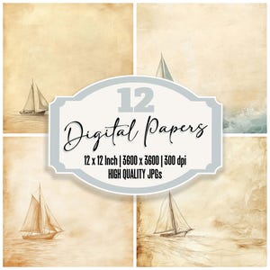 12x papier journal jonque voilier encreur Horizon paquet de papier numérique vintage arrière-plans océaniques JPG de haute qualité scrapbooking imprimable