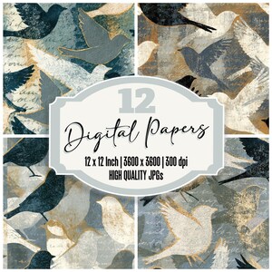 Könnte beinhalten: Eine Sammlung von 12 digitalen Papieren mit Vogelsilhouetten in Schwarz, Weiß und Gold auf einem strukturierten Hintergrund mit handschriftlichem Text. Das zentrale Etikett zeigt 12 Digital Papers, 12 x 12 Inch, 3600 x 3600, 300 dpi, High Quality JPGs.
