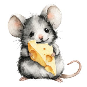 Watercolor Mouse PNG Clip Art, 12x Cheese Lovers Animal Clipart Set, Digital Download, Printable Clip Art, No Background, Paper Crafts