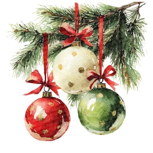 May include: Watercolor illustration of three Christmas ornaments hanging from a pine branch. The ornaments are red, white, and green, with gold accents. Each ornament is tied with a red ribbon and bow, creating a festive holiday scene.