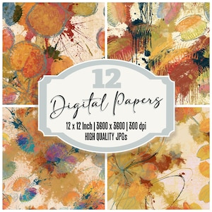 May include: A collection of 12 digital papers featuring abstract patterns of orange, yellow, and brown circular shapes with paint splatters. The text reads 12 Digital Papers, 12 x 12 Inch | 3600 x 3600 | 300 dpi, HIGH QUALITY JPGs.
