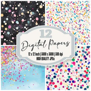 12 Bright Confetti Digital Paper, Junk Journal Paper Pack, Fun Party Polka Dots, Sparkling Celebration Backgrounds,Printable Scrapbook Paper