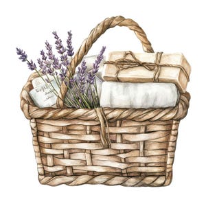 Cesta de vime com sabonetes, conjunto de 12 cliparts de cesta de sabonetes de lavanda, clipart de aquarela para impressão, download digital, PNG transparente