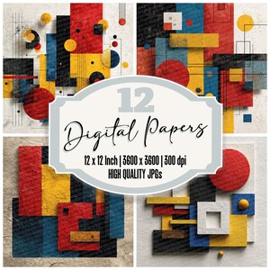 Paquete de 12 papeles digitales con texturas primarias, recortes brutalistas, fondos geométricos y archivos JPG de alta calidad.