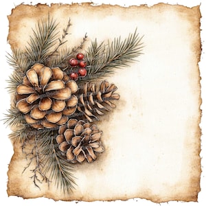 Vintage kerstpapierillustraties, 12 x aquarel vakantiepapier met dennenappels, afdrukbaar digitaal scrapbookingpapier, direct downloaden