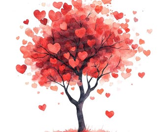 12x Heart Tree Clipart, Watercolor Red Tree with Falling Hearts, Printable Clipart, Paper Crafts, Wall Art, Digital Download, Junk Journals