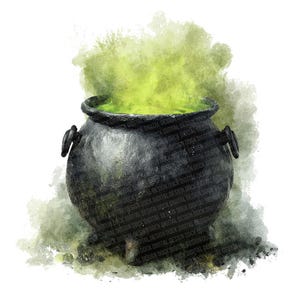 Op de afbeelding: Een aquarel illustratie van een zwarte ketel met een borrelend, heldergroen drankje. De ketel heeft twee handvatten en staat te midden van een wazige, groen en grijze achtergrond, die een mystiek of Halloween thema oproept.