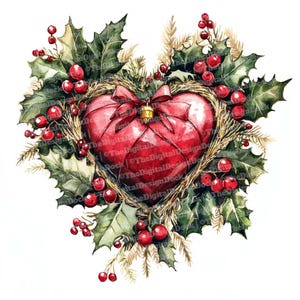 Christmas Wreath Clip Art, 12x Watercolor Heart Wreath Clipart Set, Holiday Decor Art, Digital Download, Paper Crafts,Junk Journal,Scrapbook